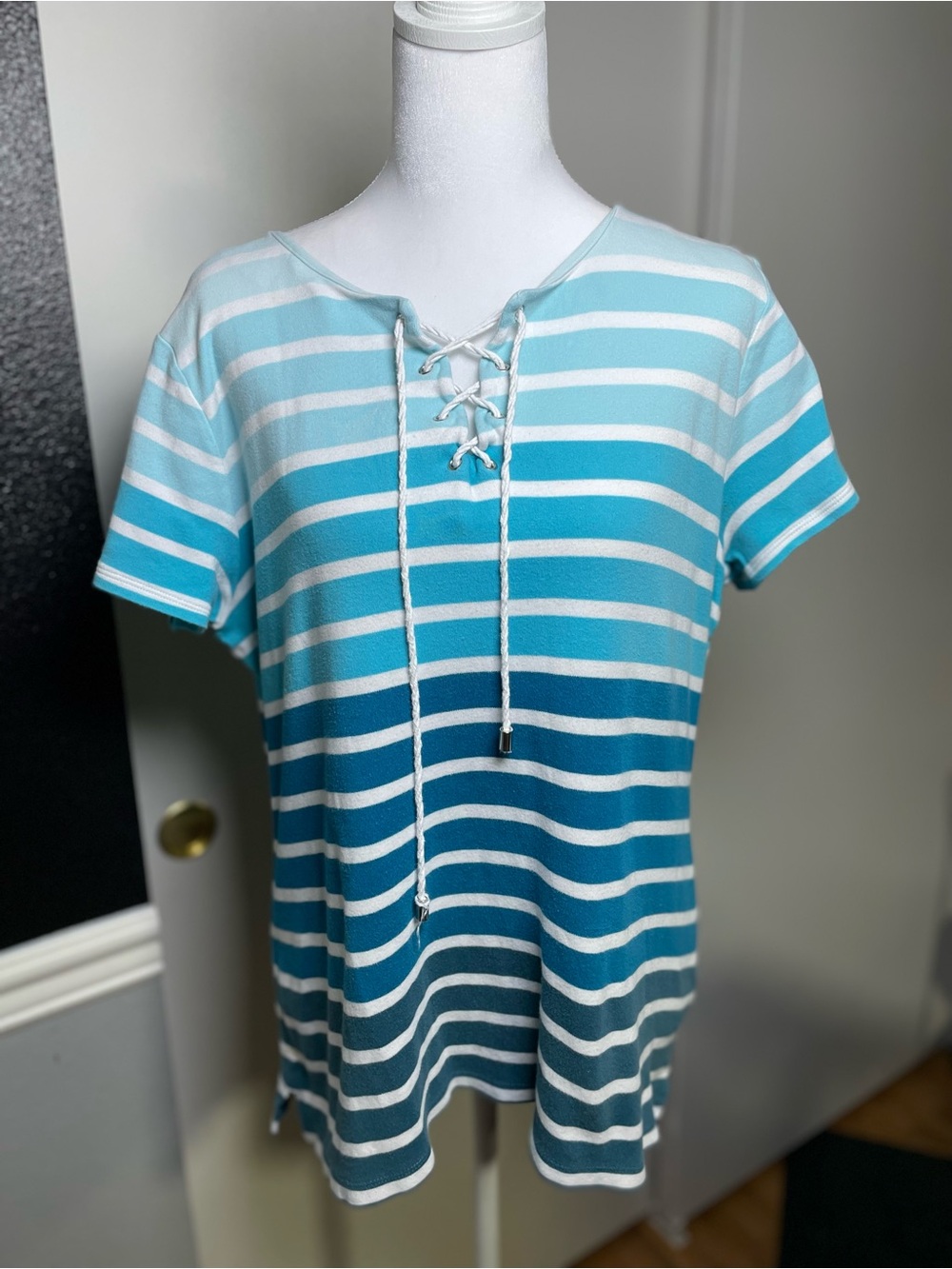croft & barrow Aqua and White Striped Lace-Up Short Sleeve Tee